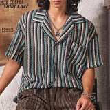 Riolio  Vintage Turn-down Collar Striped Knit Shirts Men's New Casual Button-up Cardigans Men Fashionable Short Sleeve Knit Slim Shirts