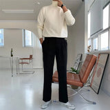 Riolio New Korean Fashion Men Sweater Light Luxury Trendy Turtleneck Knit Solid Color Pullover Leisure Retro Long Sleeve Basic Knitwear