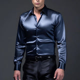 Riolio Sexy Men's Satin Silk Shirts And Blouses Solid Color Slim Fit Party Long Sleeve Social Shirt Man Clothing