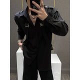 Riolio  New Men's Long-sleeved Patchwork Suspender Shirt Loose Casual Shirt Y2K Solid Color Blouse Fashion Male Clothes