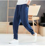 Riolio  Retro Chinese Style Cotton and Linen Trousers for Men Loose Buckles Tying Feet Harun Casual Pants