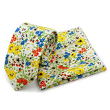 Riolio  Men's Floral Cotton Tie Pocket Handkerchief Set White Blue Woven Necktie Flower Leaves Pattern Wedding Party Accessories Gifts