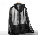 Riolio  Men Full Mesh See Through Sun Protection skin coats Hooded Zipper Thin Beach Cover Up Lightweight UV Protection Summer Outerwear