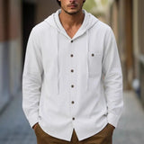 Riolio  Men's Casual Button Down Hooded Shirt Long Sleeve Cotton Blend Drawstring Top with Pocket
