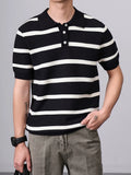 Riolio  Summer Daily Casual Mens Slim Polo Shirt Knitted Striped Crochet Polo Shirts Men Vintage Buttoned Polo Neck Knitting Polos