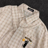 Riolio New Summer Retro American Men and Women Trendy Plaid Collar Short Sleeve College Casual Shirt Embroidered Plaid Loose Casual y2k