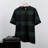 Riolio  Men's Rock Tyle Distressed Stripe Vintage Washed Ink Tain Print Loose Fit Crew Neck T Shirt Hip Hop Streetwear Casual