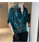 Riolio Men Shiny Design Casual Shirt Trendy Handsome Shirts Fashion Loose Half Sleeve Tops Korean Style Personality Clothing