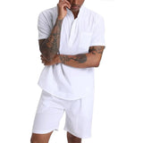 Riolio  Men's Cotton Linen Set Henley Shirts Shorts Outfits 2 Pieces Beach Clothes Vacation Matching Suit Summer Wear Shirt Sleeve