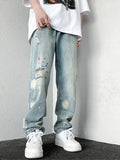 Riolio Men's Splashing ink Ripped Baggy Jeans New Hip Hop Fashion Graffiti Holed Straight-leg Denim Pants Y2k Streetwear Jean