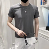 Riolio  Summer Men's Knitting Ice Silk Solid Color Round Neck Short-sleeved Korean Version Slimming Stripe Hollowed-out Fashion Casual