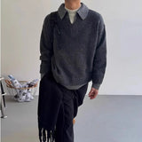 Riolio New American Chic Polo Neck Men Sweater Light Luxury Fake Two Piece Knit Pullover Trendy High Quality Long Sleeve Knitwear M-2XL
