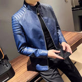 Riolio Spring New Men Solid Color Fashion Long Sleeve Faux Leather Coats Male Stand Collar Leather Jacket