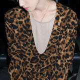 Riolio  Mens Fake Two Piece Deep V Leopard Niche T Shirt Streetwear Fashion Nightclub Youth Stage Trendy Statement Long Sleeve Top