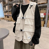 Riolio  Men's Retro Military Vest Loose Fit 100% Cotton Jacket with Multiple Pockets Japanese Hip Hop Streetwear for Outdoor Activities