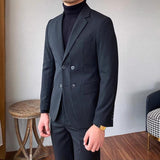 Fashion Men's Suit Vertical Stripes Double Breasted British Style Groom Wedding Prom Party Business Tuxedo 2 Pc ( Blazer+Pants )