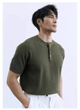 Riolio New Fashion American Style Men T-shirt Luxury Striped Knitted Henry Collar Tees Casual Solid Color Short Sleeve Breathable Tops
