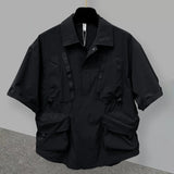 Riolio   Summer New Man Dark Cardigan Solid Color Short Sleeve Shirt Korean Trendy Safari Style Three-dimensional Pockets Ins