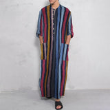 Riolio Men's Muslim Long Sleeve Cotton Striped Robes Summer Islamic Arabian Kaftan Suit Middle East Dubai Abaya Retro