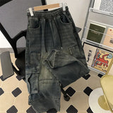 Riolio  New American Jeans Men and Women Trendy Retro Washed Multi Pocket workwear Loose High Street Straight Leg Casual Pants y2k