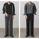 Riolio  Men Color Block Spliced Stand Collar Shirts Wrinkle Texture Loose Oversized Long Sleeve Designer Casual Button Down Blouse M-2XL