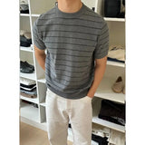 Riolio  Men Crew Neck Striped Knit Short Sleeve T Shirt Loose Old Money Style Breathable Casual Summer Basic Top