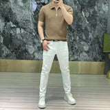 Riolio  Summer Thin Ice Silk Cool Men's Polo Shirt Solid Lapel Zipper Patchwork Smart Casual Elastic Breathable Short Sleeved Top