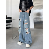 Riolio Men's Ripped Hole Jacquard Jeans Summer Thin Handsome Casual Pants Unisex High Street Straight Wide Leg Jeans Blue/Black