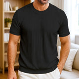 Riolio  European American Men's Short-sleeved T-shirt Jacquard Sweater Round Neck Ribbed Pullover Top