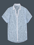 Riolio Summer Vacation Casual Men Shirts Fashion Short Sleeve Buttoned Lapel Breathable Tops Stylish Florals Embroidery Mesh Shirt Mens