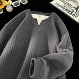 Riolio  Men Textured V Neck Long Sleeve T-Shirt Fleece Lined Warm Casual Loose Basic Undershirt Tops