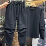 Riolio Streetwear Sportswear Plush Thickened Sweatshirt Trousers Two-piece Set Unisex Versatile Loose Solid Color Casual Sports Suit