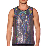 Riolio  Men's Sparkly Sequin Tank Top Sleeveless U-Neck Glitter Vest for Nightclub Party Stage Performance