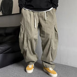 Riolio  Men Drawstring Loose Curved Wide Leg Casual Cargo Pants