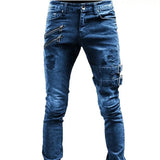 Riolio  Men's Retro Moto Biker Straight Elastic Jeans Zipper Distress Hole Punk Skinny Denim Cargo Pants Streetwear Y2K Hombre Trousers