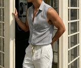 Riolio  Summer New Striped Sleeveless Shirt Men's Slim Breathable Collared Tank Top Lightweight Seersucker Textured Casual Open Vest