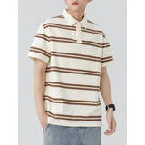 Riolio  Men Beige Black Striped Short Sleeve Polo Shirt Loose Casual Cotton Blend Summer Top