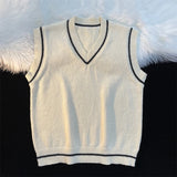 Riolio Sweater Vest Men Spring V-neck Japanese Vintage Striped College Knitted Fashion Loose All-match Ins Sleeveless Simple Clothing