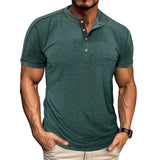 Riolio  Men's Grey Henley Neck Short Sleeve T-Shirt with Contrast Stitching Chest Pocket Casual Muscle Fit Top