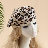 Riolio  Leopard Print Beret Hat, Autumn Winter New Vintage British Japanese Fashion Warm Versatile Painter Cap