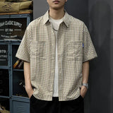 Riolio  Mens Beige White Plaid Short Sleeve Shirt Button Down Loose Fit Chest Pocket Casual Work Shirt