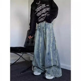 Riolio  American Spring and Autumn Street Trendy Personalized Tassel Straight leg Jeans for Couples Loose Retro Wide Leg Casual Pants