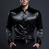 Riolio Sexy Men's Satin Silk Shirts And Blouses Solid Color Slim Fit Party Long Sleeve Social Shirt Man Clothing