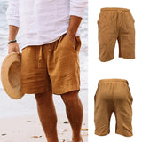 Riolio Fashion New Summer Men's Solid Short Casual Shorts Drawstring Breathable Beach Pants Cotton linen Sports Shorts