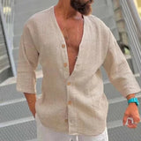 Riolio  Summer Fashion Solid Shirts For Men Top Casual Loose Simple Retro Cardigan Quarter Sleeves Pullover Waffle Shirts Male Clothing