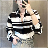 Riolio  Senior Trend Fashion Niche Sense of Design Thin Style Cool Stripe Hollow Out Loose Handsome Temperament Men's Shirts Autumn