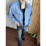 Riolio Punk Spliced Jacket High-end Blue Short Work Cargo Coat Men's Handsome Trendy Solid Color Zipper Jacket All-match Top