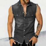 Riolio Spring/Summer New Men's Denim T-shirt With Lapel, Sleeveless Cardigan, Single Breasted Top Pocket, Blue Distressed, Washed,