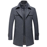 Riolio Winter Men Slim Fit Wool Trench Coats Fashion Middle Long Outerwear Mens Double Collar Zipper Solid Color Casusal Woolen Coats