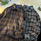 Riolio American Retro Plaid irt Men's Long Sve Loose Outerwear Casual Trendy Brand New 2024 Loose Fit Men's irt